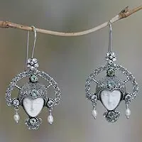 Cow bone and peridot pendant earrings, 'Queen of Plumeria' - Handcrafted Blue Topaz and Cow Bone Earrings from Indonesia