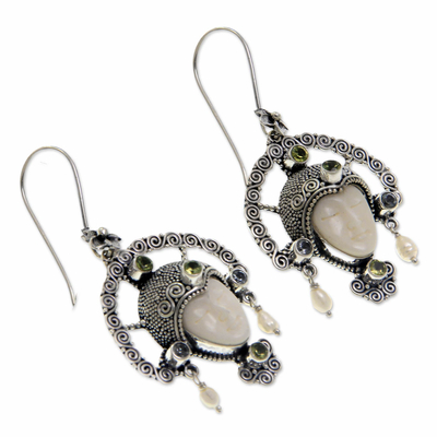 Cow bone and peridot pendant earrings, 'Queen of Plumeria' - Blue Topaz and Cow Bone Silver Earrings