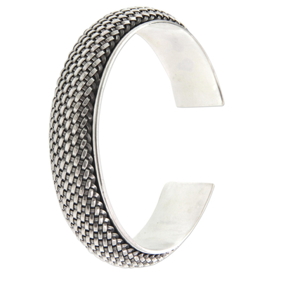 Sterling silver cuff bracelet, 'Woven Paths' - Hand Crafted Sterling Silver Cuff Bracelet