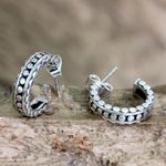 Sterling silver half-hoop earrings, 'Orbital Moon' - Handcrafted Sterling Silver Half Hoop Earrings