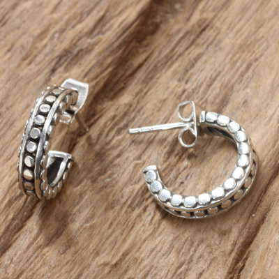 Sterling silver half-hoop earrings, 'Orbital Moon' - Handcrafted Sterling Silver Half Hoop Earrings