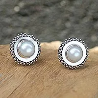 Cultured pearl button earrings, 'Moonlight Halo' - Unique Pearl Button Earrings from Bali and Java