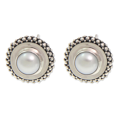 Handcrafted Sterling Silver and Pearl Button Earrings