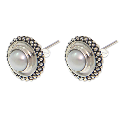 Cultured pearl button earrings, 'Moonlight Halo' - Handcrafted Sterling Silver and Pearl Button Earrings