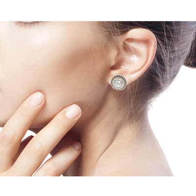 Cultured pearl button earrings, 'Moonlight Halo' - Handcrafted Sterling Silver and Pearl Button Earrings
