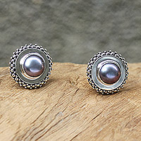 Cultured pearl button earrings, 'Lilac Moonlight Halo'