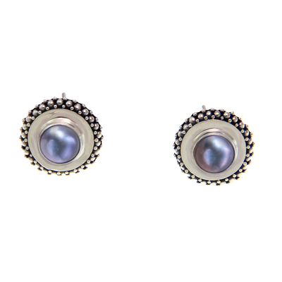Cultured pearl button earrings, 'Lilac Moonlight Halo' - Sterling Silver and Pearl Button Earrings