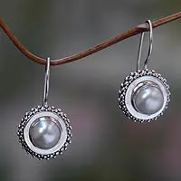 Cultured pearl drop earrings, 'Moon Halo' - Pearl and Silver Drop Earrings