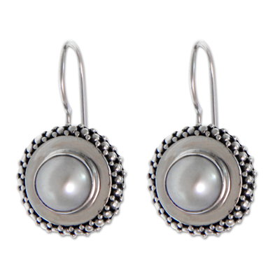 Cultured pearl drop earrings, 'Moon Halo' - Pearl and Silver Drop Earrings