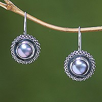 Cultured pearl drop earrings, 'Lilac Moon Halo' - Lavender and Silver Cultured Pearl Drop Earrings