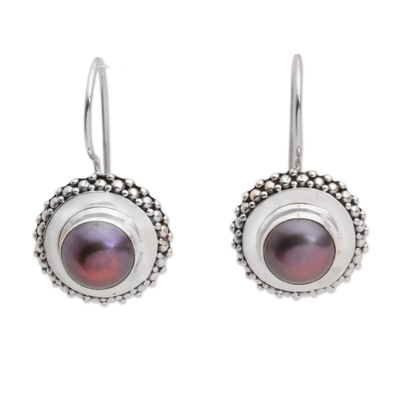 Cultured pearl drop earrings, 'Lilac Moon Halo' - Lavender and Silver Cultured Pearl Drop Earrings