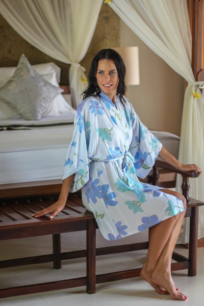Women's handpainted robe, 'Blue Hibiscus' - Women's Handpainted Floral Robe