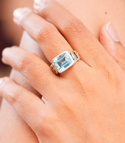 Gold accent blue topaz solitaire ring, 'Bali Sky' - Gold accent blue topaz solitaire ring