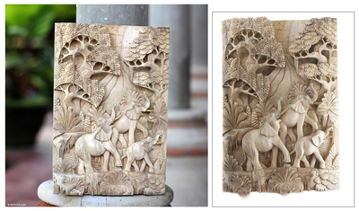 Wood relief panel, 'Life of the Elephants' - Wood relief panel
