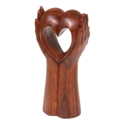 Wood sculpture, 'Faithful Heart' - Hand Crafted Romantic Sculpture