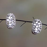 Sterling silver half-hoop earrings, 'Loyal Love' - Unique Floral Sterling Silver Half Hoop Earrings