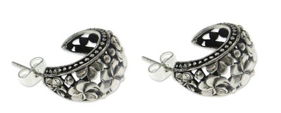 Sterling silver half-hoop earrings, 'Loyal Love' - Unique Floral Sterling Silver Half Hoop Earrings