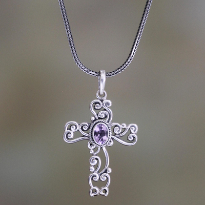 Hand Made Sterling Silver and Amethyst Necklace - Balinese Cross | NOVICA