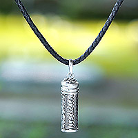 Sterling silver and leather locket necklace, 'Luminous Tower' - Handmade Leather and Sterling Silver Locket Pendant Necklace