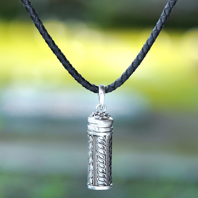 Sterling silver and leather locket necklace, 'Luminous Tower' - Handmade Leather and Sterling Silver Necklace