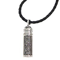 Sterling silver and leather locket necklace, 'Royal Tower'