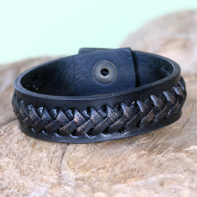 Leather bracelet, 'Black Kingdom Warrior' - Hand Made Leather Wristband Bracelet