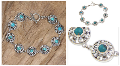 Sterling silver flower bracelet, 'Frangipani Glam' - Reconstituted Turquoise and Sterling Silver Bracelet