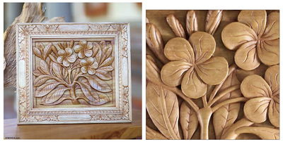 Wood relief panel, 'Frangipani Flowers' - Wood relief panel
