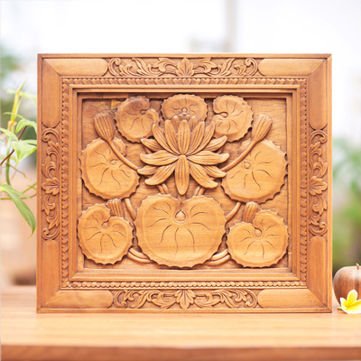 Wood relief panel, 'Lotus Blossom' - Wood relief panel