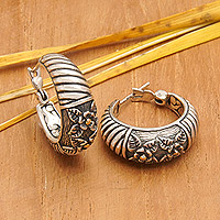 Gold accent hoop earrings, 'Jasmine Moon' - Hand Crafted Indonesian Sterling Silver Hoop Earrings
