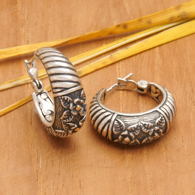 Gold accent hoop earrings, 'Jasmine Moon' - Hand Crafted Indonesian Sterling Silver Hoop Earrings