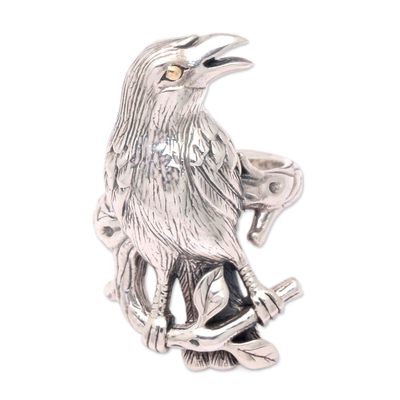 Anillo de cóctel con detalles dorados, 'Raven' - Anillo de cóctel hecho a mano en plata de primera ley