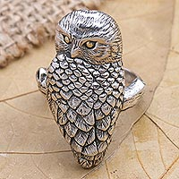 Sterling Silver and 18k Gold Accent Bird Ring,'Silver Owl'