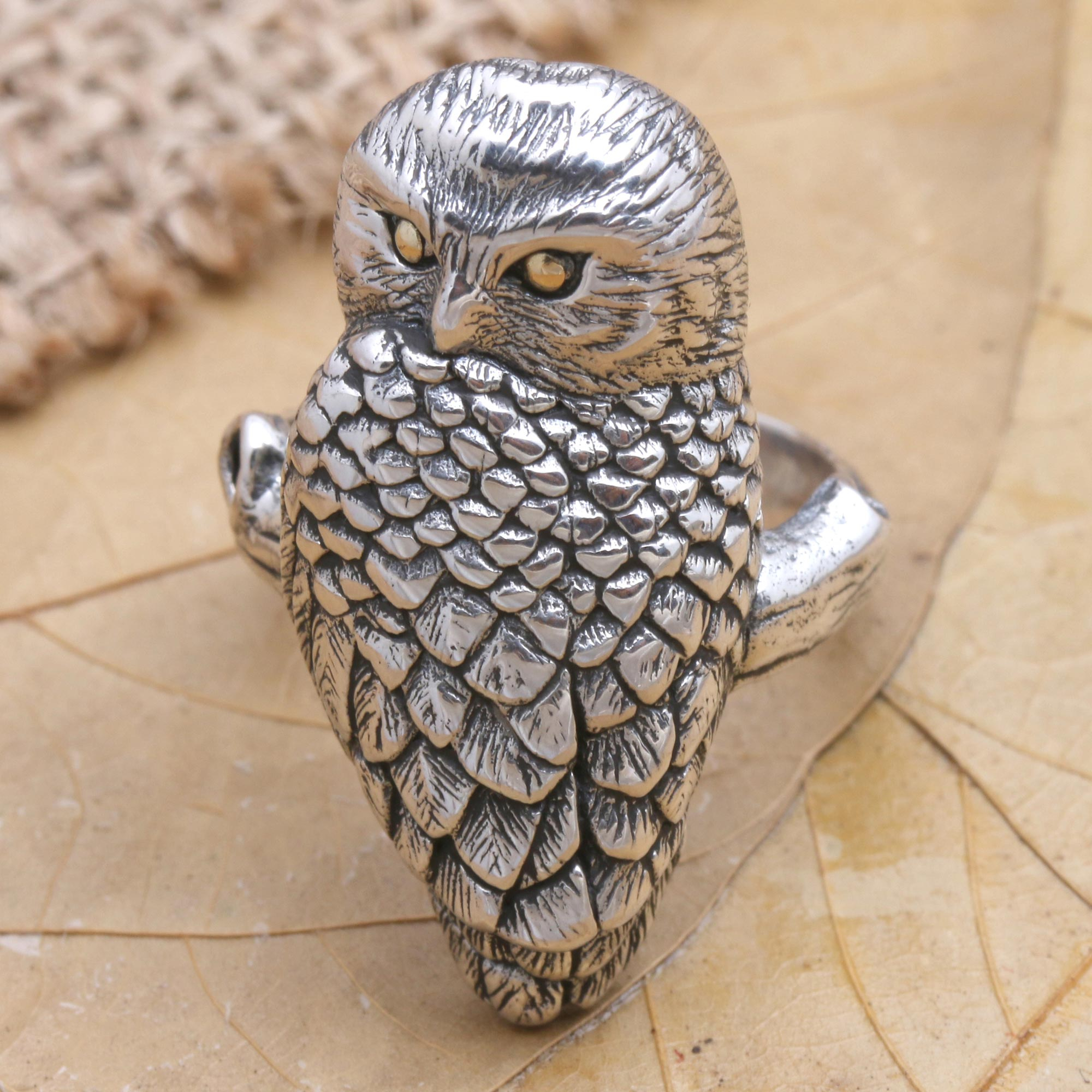 OWL RING FOR MEN AND WOMEN (ADJUSTABLE) STAINLESS STEEL SILVER PLATED RING (RED)