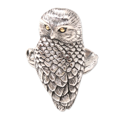 Gold accent cocktail ring, 'Owl' - Sterling Silver and 18k Gold Accent Bird Ring