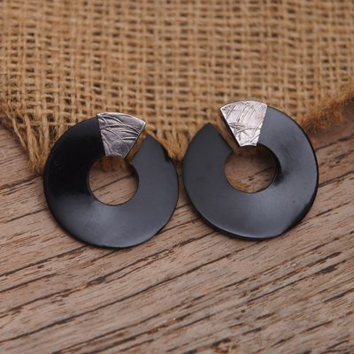 Buffalo horn button earrings, 'Borneo Moon' - Buffalo horn button earrings
