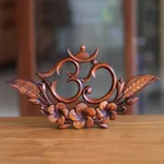 Wood relief panel, 'Frangipani Om' - Suar Wood Spiritual Relief Panel