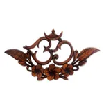 Wood relief panel, 'Frangipani Om' - Suar Wood Spiritual Relief Panel