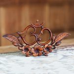 Wood relief panel, 'Frangipani Om' - Suar Wood Spiritual Relief Panel