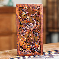 Panel de relieve de madera, 'Cigüeña con flores de loto' - Panel de relieve de pájaro de madera tallada