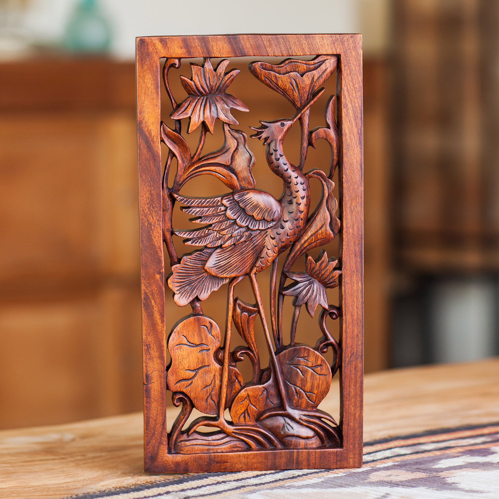 Carved Wood Bird Relief Panel Stork with Lotus Blossoms NOVICA