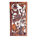 Wood relief panel, 'Stork with Lotus Blossoms' - Carved Wood Bird Relief Panel