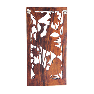 Wood relief panel, 'Stork with Lotus Blossoms' - Carved Wood Bird Relief Panel