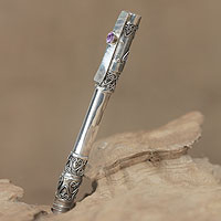 Sterling silver and amethyst ballpoint pen, 'Cheerful Hearts' - Sterling Silver and Amethyst Heart-Trimmed Pen