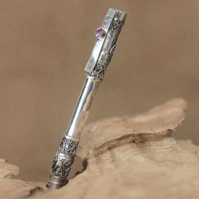 Sterling silver and amethyst ballpoint pen, 'Cheerful Hearts' - Artisan Crafted Sterling Silver and Amethyst Ballpoint Pen