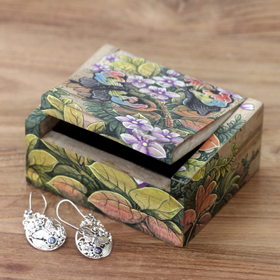 Wood jewelry box, 'Butterfly Garden' - Unique Floral Jewelry Box