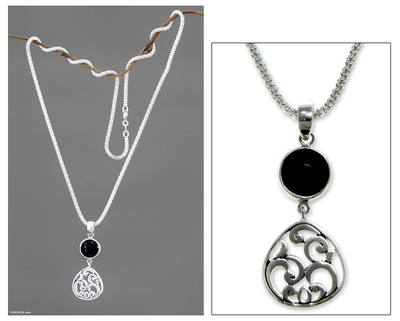 Onyx pendant necklace, 'Midnight Ferns' - Onyx pendant necklace