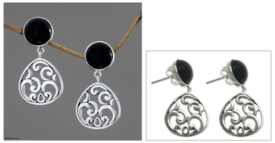 Onyx dangle earrings, 'Midnight Ferns' - Fair Trade Sterling Silver and Onyx Dangle Earrings