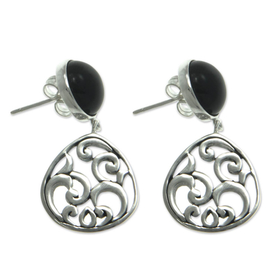 Onyx dangle earrings, 'Midnight Ferns' - Fair Trade Sterling Silver and Onyx Dangle Earrings