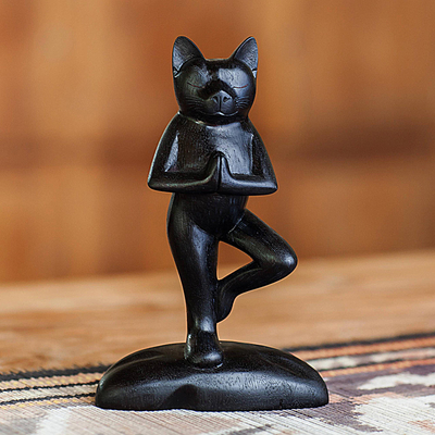 Wood sculpture, 'Black Cat Tree Pose Yoga' - Suar Wood Sculpture